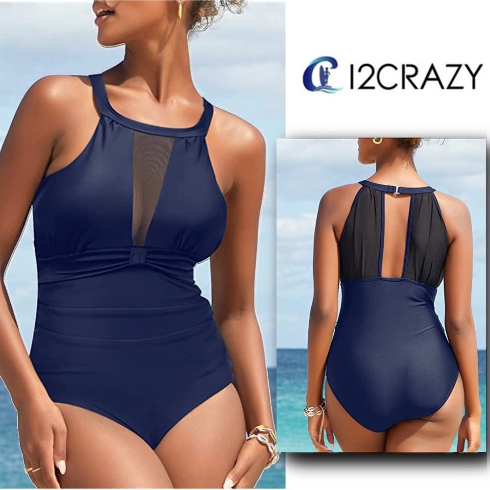 I2CRAZY High Neck Plunge Mesh Ruched Swimsuit  🏝️  NEW WITH TAG!!!